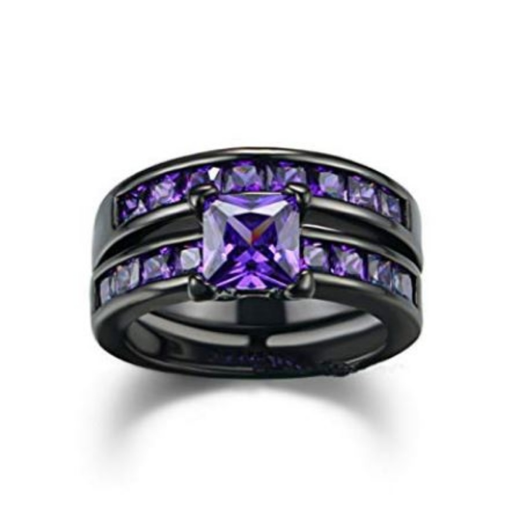 NWT Purple Sapphire & Black  Womens Wedding Ring Set size 7 8 9